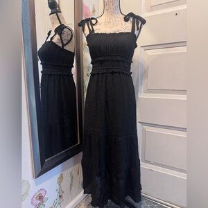 Smocked Tie-Shoulder Black Maxi Dress